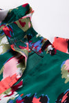 Green Abstract Print Smocked Cuffs Frilled Neck Blouse-Tops-MomFashion