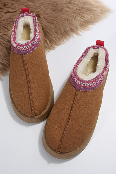 Chestnut Suede Contrast Print Round Toe Plush Lined Flats-Shoes & Bags-MomFashion