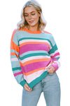 Multicolor Striped Knit Drop Shoulder Puff Sleeve Sweater-Tops-MomFashion