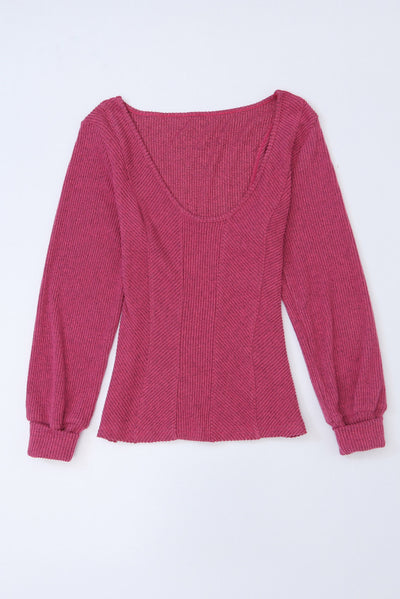 Rose U Neck Textured Long Sleeve Top-Tops-MomFashion