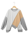 Light French Beige Colorblock Stitching Irregular Hem Long Sleeve Top-Tops-MomFashion