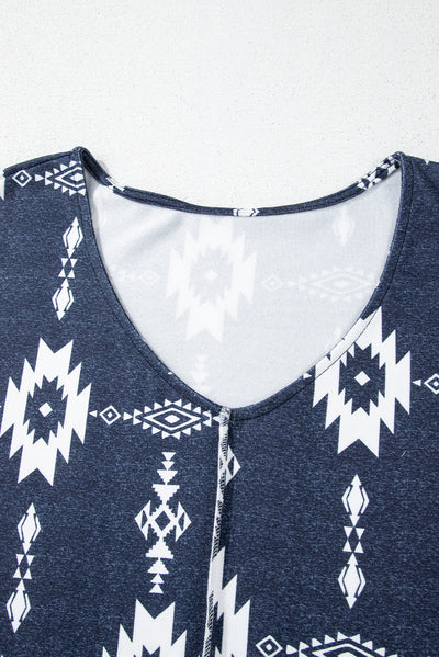 Gray Plus Size Aztec Print Exposed Seam Top-Plus Size-MomFashion
