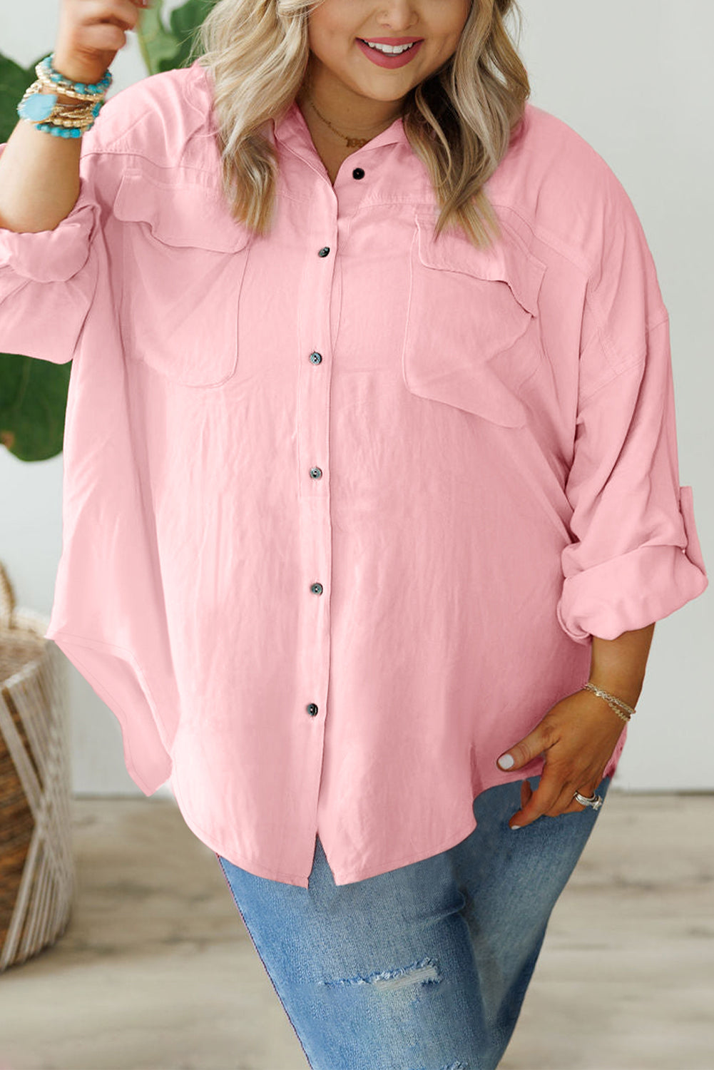 Pink Flap Pocket Tab Sleeve Button-Down Plus Size Shirt-Plus Size-MomFashion