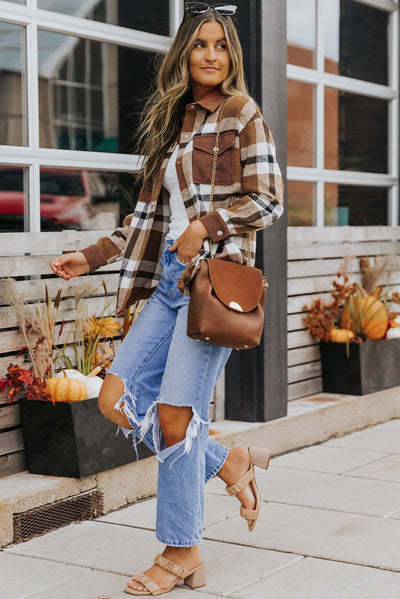 Brown Pocketed Buttoned Plaid Shirt Jacket-Outerwear-MomFashion