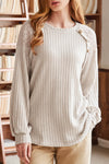 Parchment Contrast Lace Raglan Sleeve Buttoned Ribbed Top-Tops-MomFashion