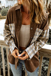 Brown Plaid Patchwork Corduroy Shirt Jacket with Pocket-Outerwear-MomFashion