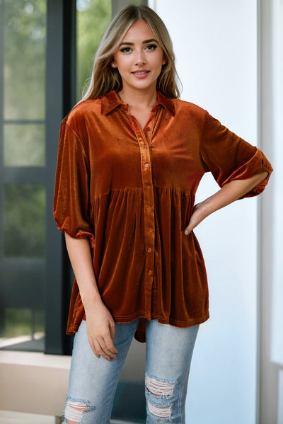 Chestnut 3/4 Sleeve Tunic Babydoll Velvet Shirt-Tops-MomFashion