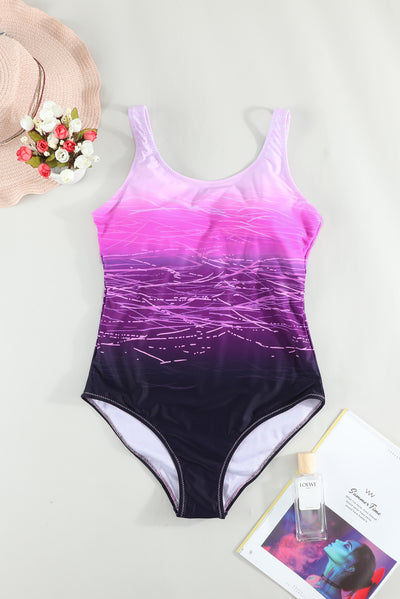 Purple Gradient Criss Cross Back One Piece Swimsuit-Swimwear-MomFashion