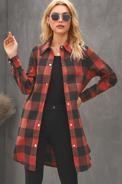 Fiery Red Turn-down Collar Plaid Shirt Coat-Outerwear-MomFashion