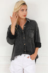 Black Mineral Wash Crinkle Textured Chest Pockets Shirt-Tops-MomFashion