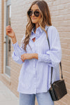 Sky Blue Smocked Cuffed Striped Boyfriend Shirt with Pocket-Tops-MomFashion