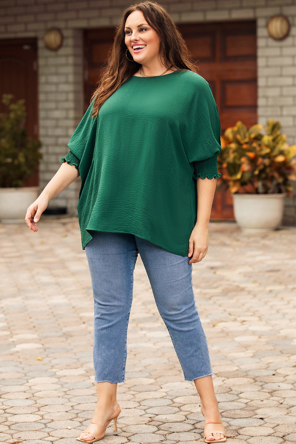 Green Smocked Wrist Shift Top-Tops-MomFashion