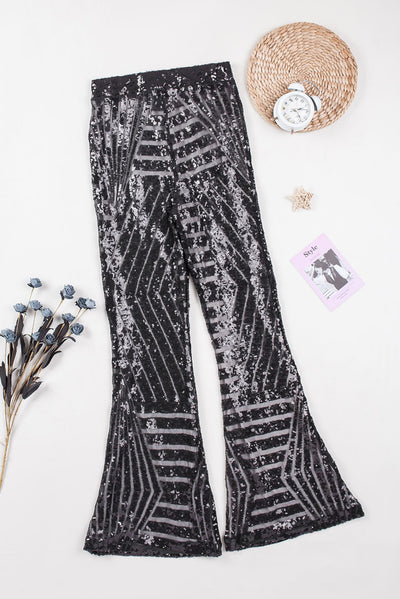 Black Sequin Wide Leg Pants-Bottoms-MomFashion