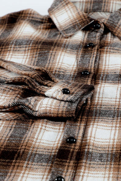 Brown Buttons Pocketed Plaid Shacket-Outerwear-MomFashion