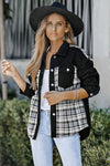 Black Plaid Patchwork Raw Hem Denim Jacket-Outerwear-MomFashion