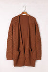 Brown Open Front Woven Texture Knitted Cardigan with Pockets-Tops-MomFashion