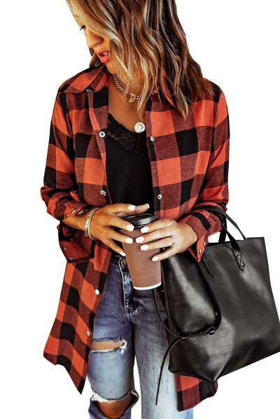 Fiery Red Turn-down Collar Plaid Shirt Coat-Outerwear-MomFashion