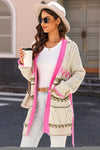 Gray Geometric Cable Knit Pocketed Open Front Cardigan-Tops-MomFashion