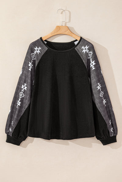 Black Western Print Patch Long Sleeve Top-Tops-MomFashion