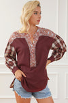 Fiery Red Floral Plaid Mixed Print Bishop Sleeve Patchwork Top-Tops-MomFashion