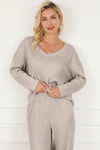 Khaki Ribbed Knit V Neck Slouchy Two-piece Outfit-Loungewear-MomFashion