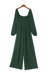 Green Smocked Square Neck Long Sleeve Wide Leg Jumpsuit-Bottoms-MomFashion