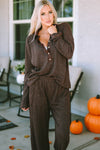 Brown Ribbed Knit Collared Henley Top and Pants Lounge Outfit-Loungewear-MomFashion