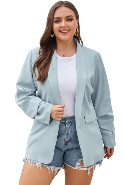 Sky Blue Plus Size Soft Lightweight Pocketed Lapel Blazer-Plus Size-MomFashion