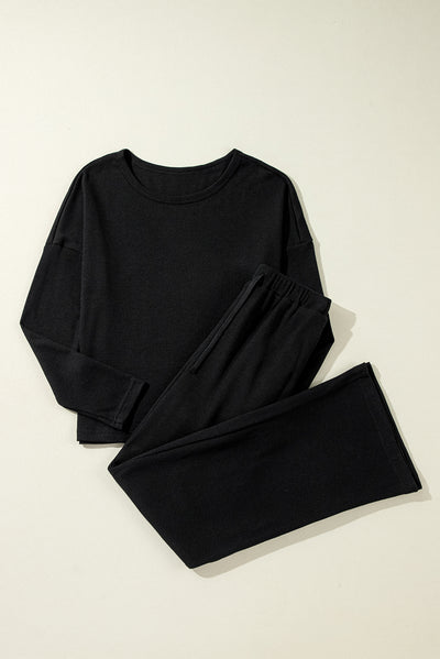 Black Textured Long Sleeve T Shirt and Pants Lounge Set-Loungewear & Sleepwear/Loungewear-MomFashion