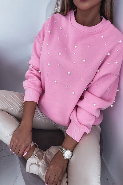 Bonbon Pearl Detail Ribbed Crew Neck Sweatshirt-Tops-MomFashion