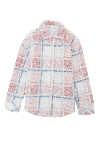 Multicolor Checker Print Turn Down Collar Sherpa Shacket-Outerwear-MomFashion