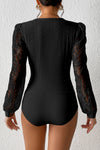 Black Frenchy Contrast Lace Bishop Sleeve Bodysuit-Tops-MomFashion