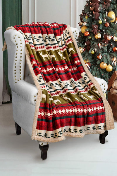 Christmas Elk Print Reversible Sherpa Fleece Blanket 130*150cm-Accessories-MomFashion