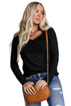 Black Lace Crochet V Neck Long Sleeve Top-Tops-MomFashion