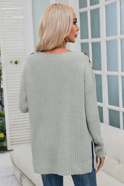 Gray Buttoned Drop Shoulder Oversized Sweater-Tops-MomFashion