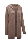 Brown Horizontal Rib Knitted Open Front Hooded Cardigan-Tops-MomFashion