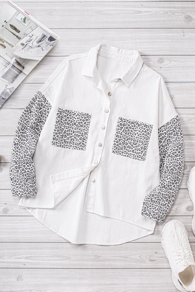 White Contrast Leopard Denim Jacket-Outerwear-MomFashion