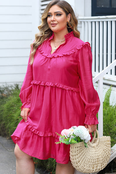 Rose Plus Size Ruffled Bubble Sleeve Dress-Plus Size-MomFashion