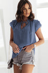 Blue Tiered Ruffled Drawstring V Neck Top-Tops-MomFashion