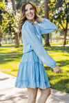 Light Blue V Neck Long Sleeve Ruffle Tiered Mini Dress-Dresses-MomFashion