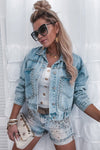 Sky Blue Rivet Studded Pocketed Denim Jacket-Outerwear-MomFashion