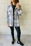 White Plaid Print Pocketed Shirt Jacket-Outerwear-MomFashion