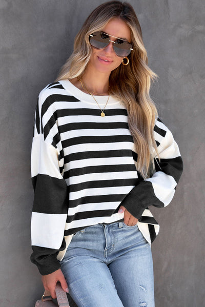 Black Stripe Drop Shoulder Striped Pullover Sweatshirt-Tops-MomFashion