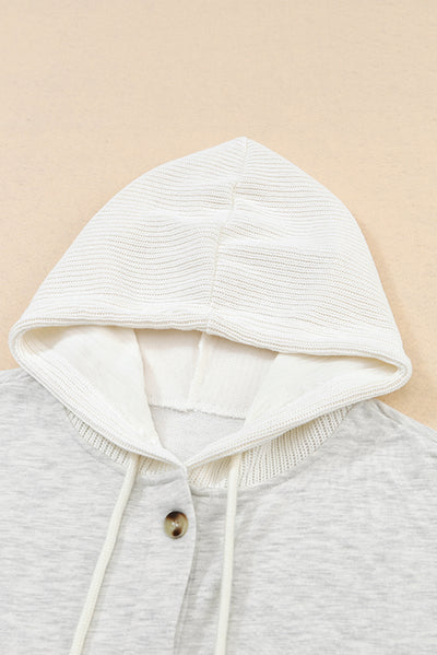 Gray Button Up Contrast Knitted Sleeves Hooded Jacket-Outerwear-MomFashion