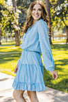 Light Blue V Neck Long Sleeve Ruffle Tiered Mini Dress-Dresses-MomFashion