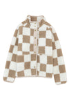 Brown Checked Snap Button Sherpa Jacket-Outerwear-MomFashion