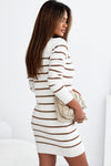 Stripe Button Ribbed Detail Mini Sweater Dress-Dresses-MomFashion