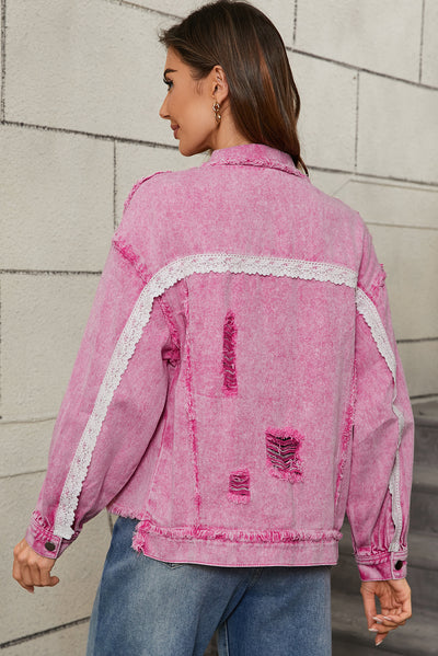 Pink Lace Patchwork Distressed Buttoned Denim Jacket-Outerwear/Denim jackets-MomFashion