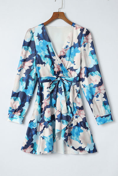 Blue Abstract Floral Long Sleeve Tied Ruffle Dress-Dresses-MomFashion