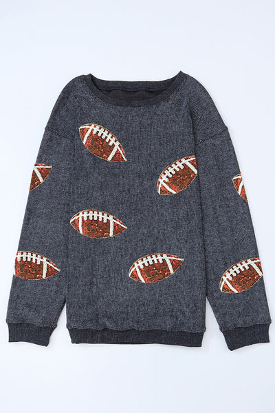 Gray Sequin Rugby Graphic Corded Baggy Sweatshirt-Graphic-MomFashion